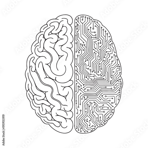 Human brain left and right hemispheres with digital circuit board lines, creativity vs logic technology vector illustration.