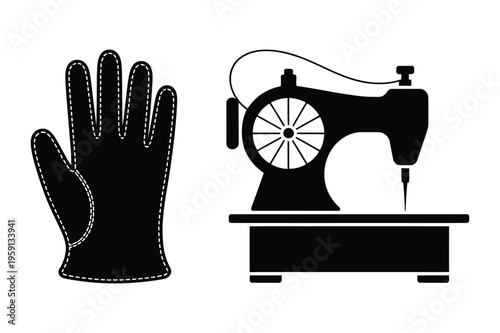 Sewing machine and glove silhouette icon set for tailoring and crafting