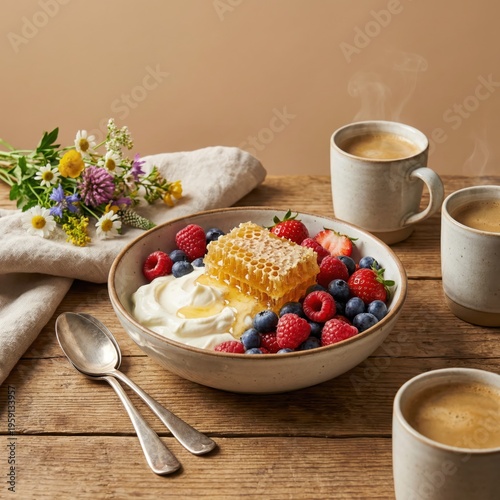 Delicious summer breakfast bowl with Greek yogurt topped with fresh raspberries blueberries honeycomb in a warm and inviting atmosphere creating a serene and delightful culinary experience