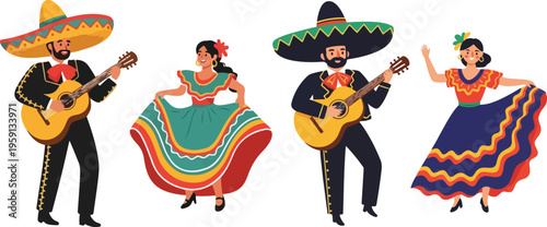 Mexican Mariachi Musicians and Traditional Folk Dancers in Colorful Attire, Flat Vector Illustration