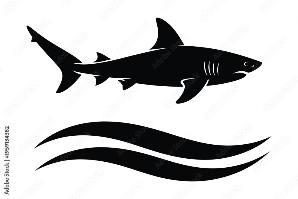 Fototapeta premium Black silhouette of shark swimming and wave icon on white background