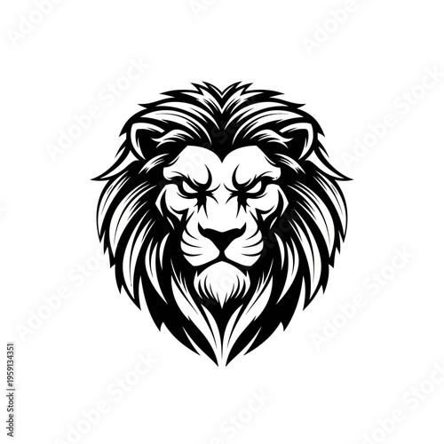 Majestic lion head with fierce expression in black and white.