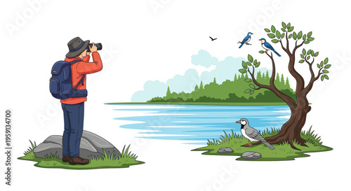 Birdwatcher photographing birds in nature, outdoor hobby, nature photography, wildlife observation