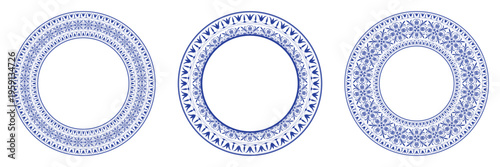 Collection of decorative blue round frames arabesques. Circle frame. Egyptian, Assyrian, Greek motif circular frame. Pattern frame for textiles, engraving, embroidery, ceramic, plate, embroidery EPS