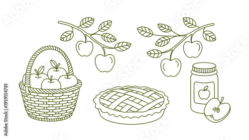 Collection of hand drawn apple themed elements including fruit in a basket pie and a jar of jam Vector
