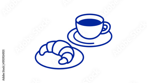 A simple blue line art illustration of a freshly baked flaky croissant paired with a warm coffee Vector
