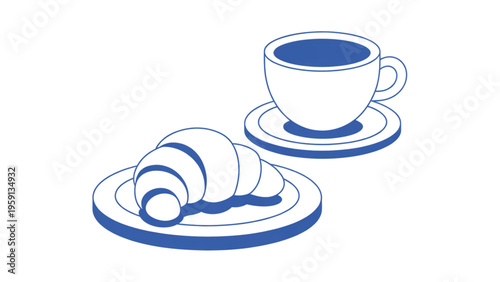 A fresh buttery croissant served on a plate next to a hot cup of coffee for a morning breakfast Vector