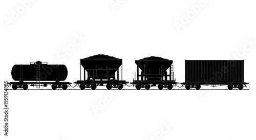 Silhouette of diverse freight train cars: tank, hopper, and container wagons