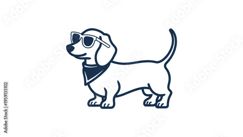 A cute dachshund dog wearing stylish sunglasses and a bandana in a simple clean line art style Vector