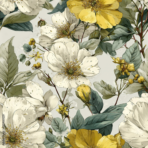 Soft white and yellow flowers with green leaves create delicate floral pattern, evoking calm and airy feeling with subtle speckled highlights and natural elegance