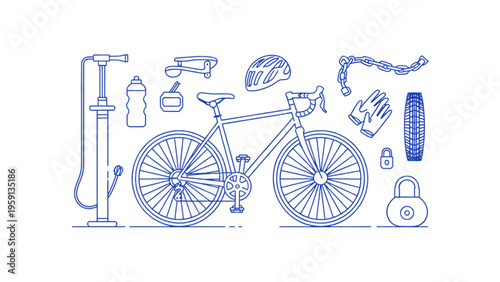 Road bicycle with essential cycling equipment including a helmet pump water bottle and safety locks Vector