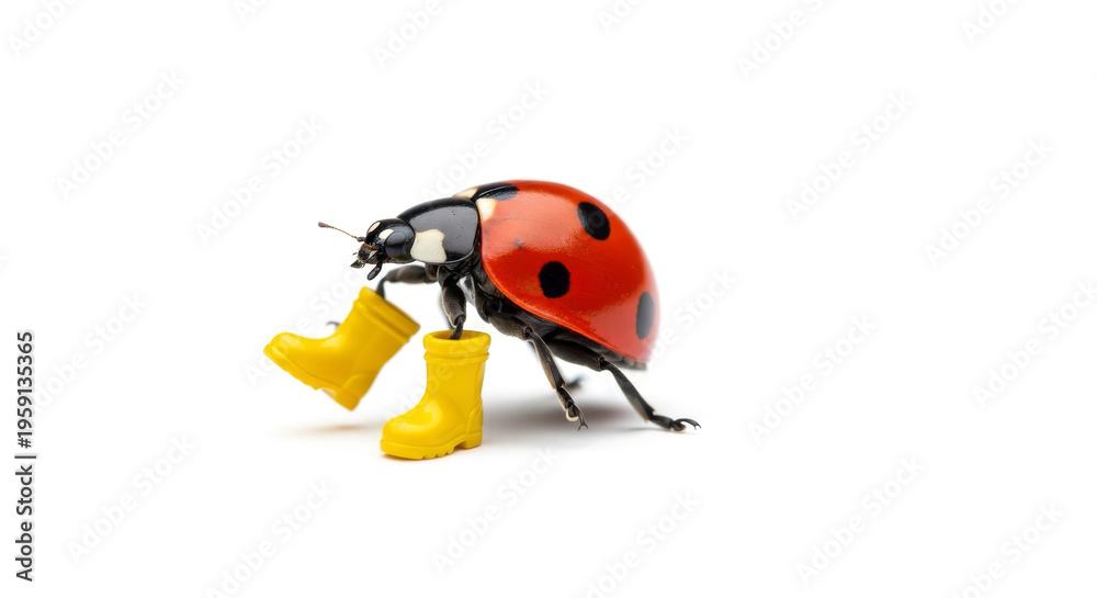 Naklejka premium A ladybug wearing tiny yellow boots stands on a white background