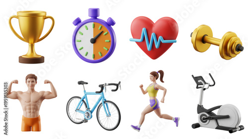A collection of 3d fitness and health icons featuring sports equipment and athletic human figures Vector