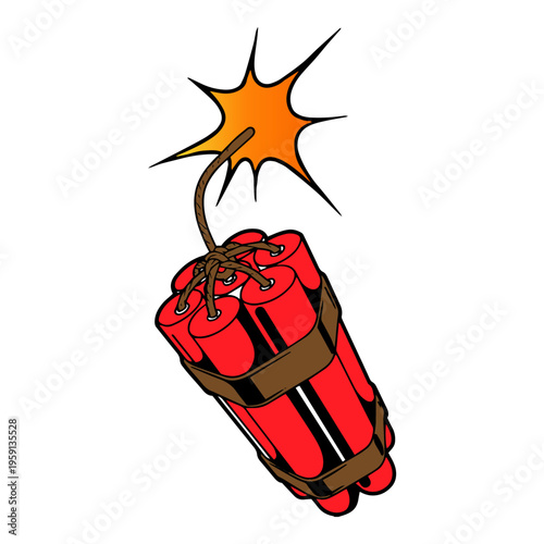 Red explosive dynamite bomb on white background
