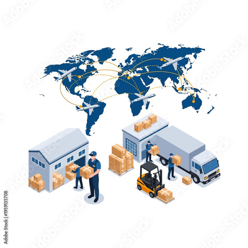 Global logistics and supply chain management with workers and vehicles.