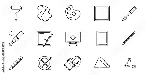 Collection of artistic tools and supplies icons