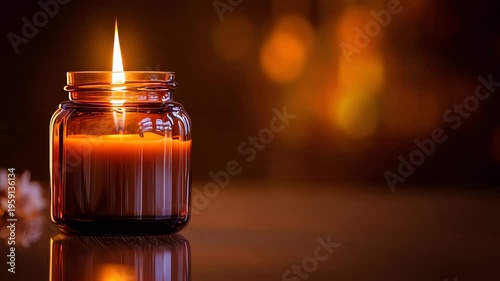 Warm Orange Candle Flame Burning Gently in a Transparent Amber Glass Jar with Soft Bokeh Lights in Background