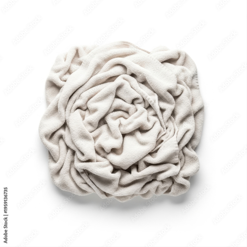 Obraz premium Wrinkled cotton towel isolated on a white background, artistically arranged in a circular shape with soft folds and texture