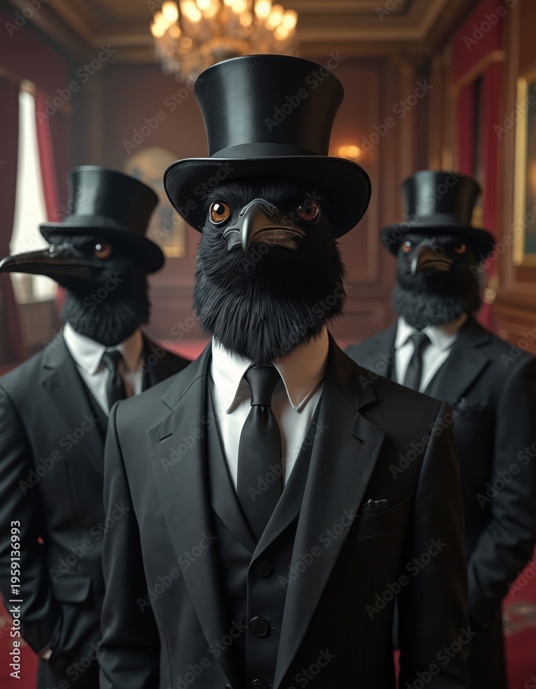 Naklejka premium Three ravens dressed in elegant black suits, top hats stand together. Birds wear formal attire, pose for group portrait in luxurious interior. Refined appearance suggests sophisticated gathering