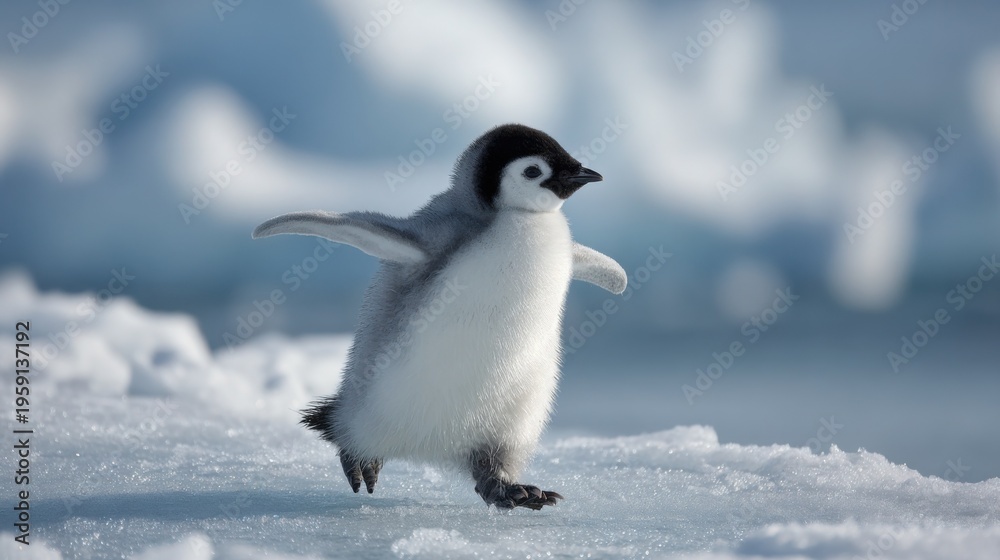 Fototapeta premium Adorable penguin chick waddling joyfully on a sun-dappled icy shore with wings outstretched for balance and exploration.