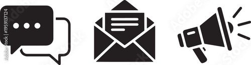 Communication icons including speech bubble email and megaphone for messages