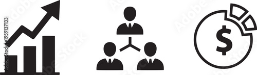 Business growth and finance icons with organizational structure and money pie chart