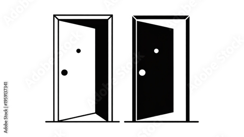 Two contrasting door icons featuring a light and dark style with simple geometric door frames Vector