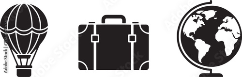 Worldwide exploration icons including hot air balloon travel suitcase and desk globe model