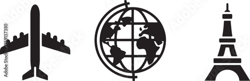 Travel and tourism set with airplane top view globe map and eiffel tower landmark icons