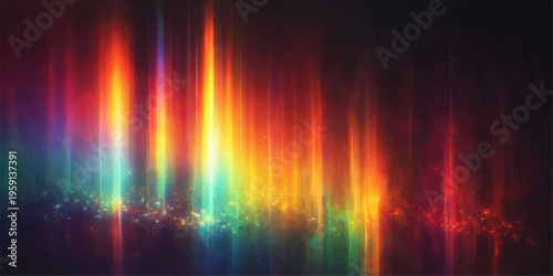 Abstract rainbow background design featuring colorful wave lines of bright light and glowing red fire flames against a dark black texture with a motion blur energy explosion