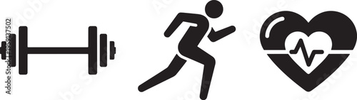 Fitness and gym icons featuring heavy dumbbell running person and heart monitor for active lifestyle