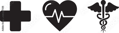 Medical icons set featuring emergency cross heart rate pulse and caduceus symbol for healthcare designs