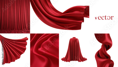 Collection of elegant red silk fabric drapes and flowing satin textile elements for decoration Vector