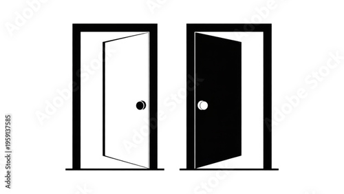 Two open doors representing choices with one showing a light interior and the other a dark space Vector