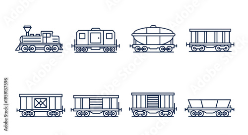 Vintage Train Car Collection: Locomotive and Freight Wagons Line Art Illustration