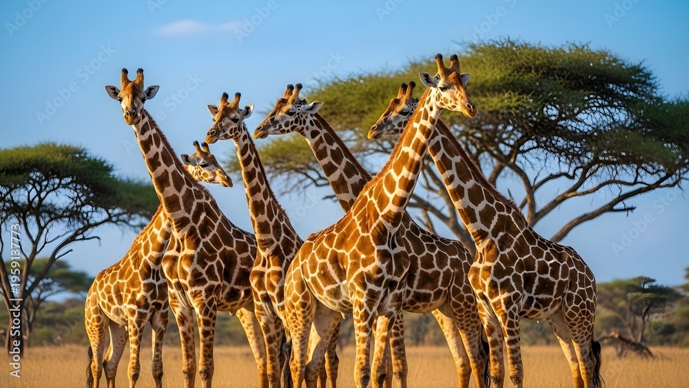 Obraz premium Reticulated giraffes standing together in summer savanna landscape, wildlife animals in natural habitat