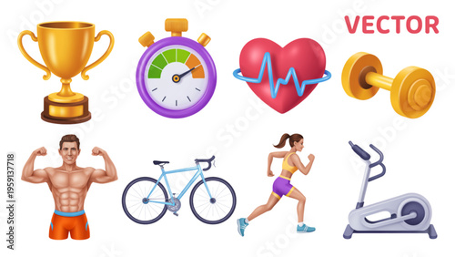 A collection of colorful 3d fitness icons featuring sports equipment and athletic people training Vector