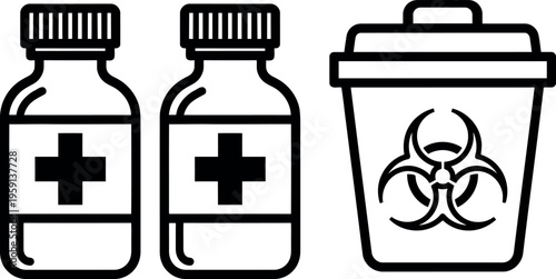 Medical waste disposal icon set, including medicine bottles and a biohazard waste container, vector illustration