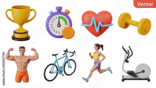 Collection of three dimensional fitness and sports icons featuring people and workout equipment Vector