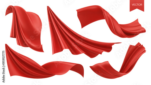 Set of realistic red fabric drapes and flowing silk ribbons captured in various dynamic positions Vector