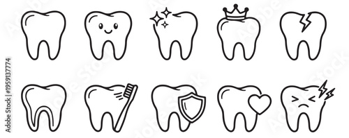 Dental Teeth Vector Line Icons Set with Healthy, Sparkling, Broken, and Protected Teeth for Oral Hygiene and Medical Care Designs, Broken Tooth