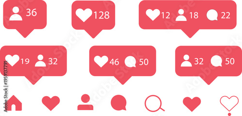 Social Media Notification Vector Icons Set with Likes, Follower, and Comment Counters for Digital Engagement, App Interface, and Online Communication Design