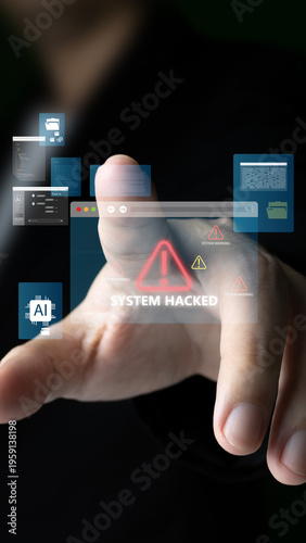 A person's hand touches a virtual screen showing a System Hacked warning with red alert icons, illustrating a cyber attack in a digital interface concept.