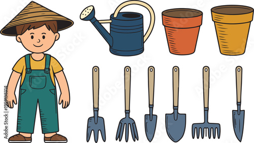 Happy cartoon gardener boy in a conical hat stands with various colorful gardening tools and pots