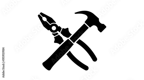 Hammer and pliers crossed vector silhouette icon for repair, construction, mechanic service, workshop, DIY projects, industrial equipment, handyman tools, professional maintenance illustration design