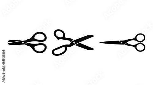 Scissors vector silhouettes showing closed, partially open, and fully open positions for cutting tools, craft design, sewing, tailoring, office supplies, school projects, illustration art