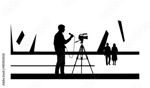 Content creator filming video with microphone and camera silhouette social media concept black and white vector