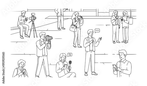 People creating social media content in public place with video camera and microphone black and white vector illustration