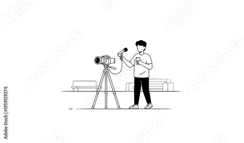 Social media content creator recording video with camera and microphone in public space black and white vector illustration