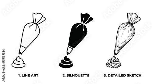 Hand holding piping bag vector illustration for cake decoration, pastry design, baking tools, dessert art, confectionery, culinary workshop, icing swirl, kitchen equipment, food styling graphic